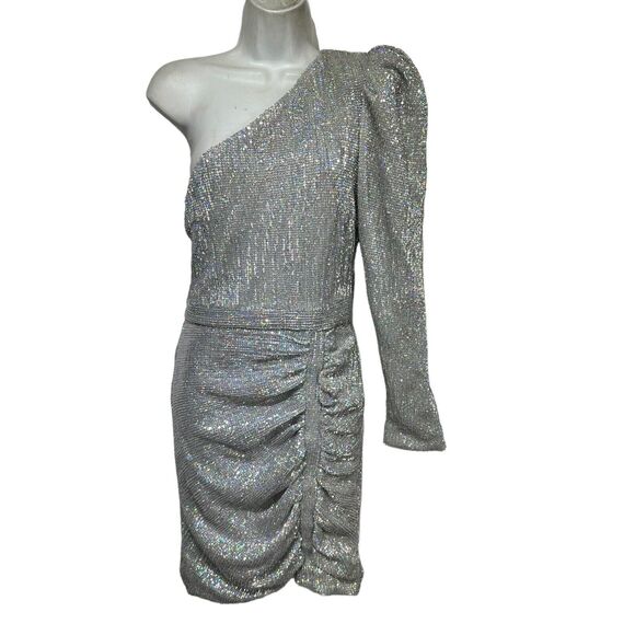 Lavish Alice Sequin One Sleeve Silver Iridescent Holo Cocktail mini Dress Size 4 - Picture 1 of 9
